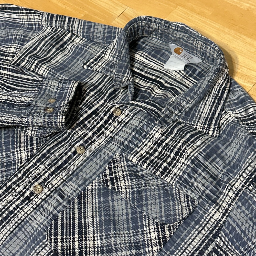 Vintage Carhartt Shirt Mens XL Blue HEAVY Plaid Flannel Button Cotton Workwear